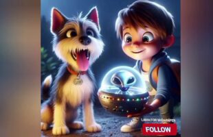 Boy and dog adventure in space